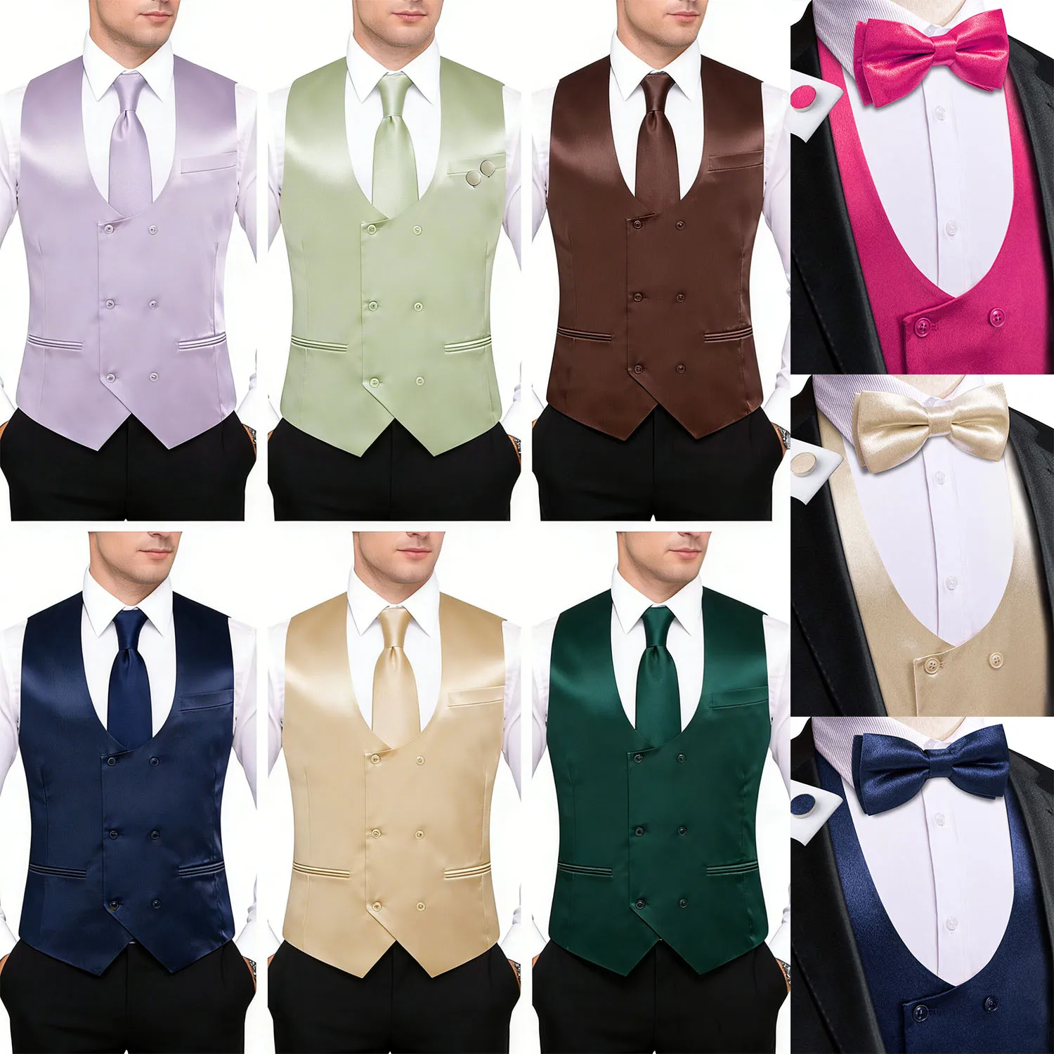 5PCS Men's Satin U Collar Vest & Tie Hanky Cufflinks Bowtie Set Formal Waistcoat with Multiple Color Options for Weddings Events
