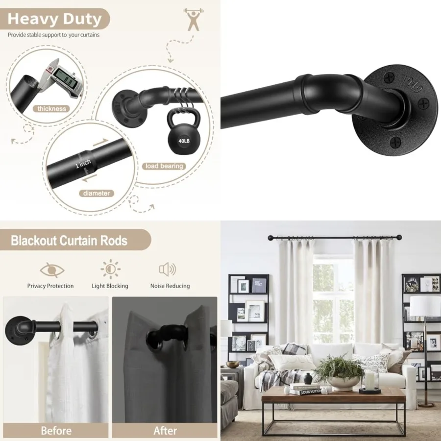 

Blackout Industrial Curtain Rods for Windows, 1 Inch Pipe Wrap Around Indoor/Outdoor Room Divider Curtain Rods, 72-144 Inch, Bl