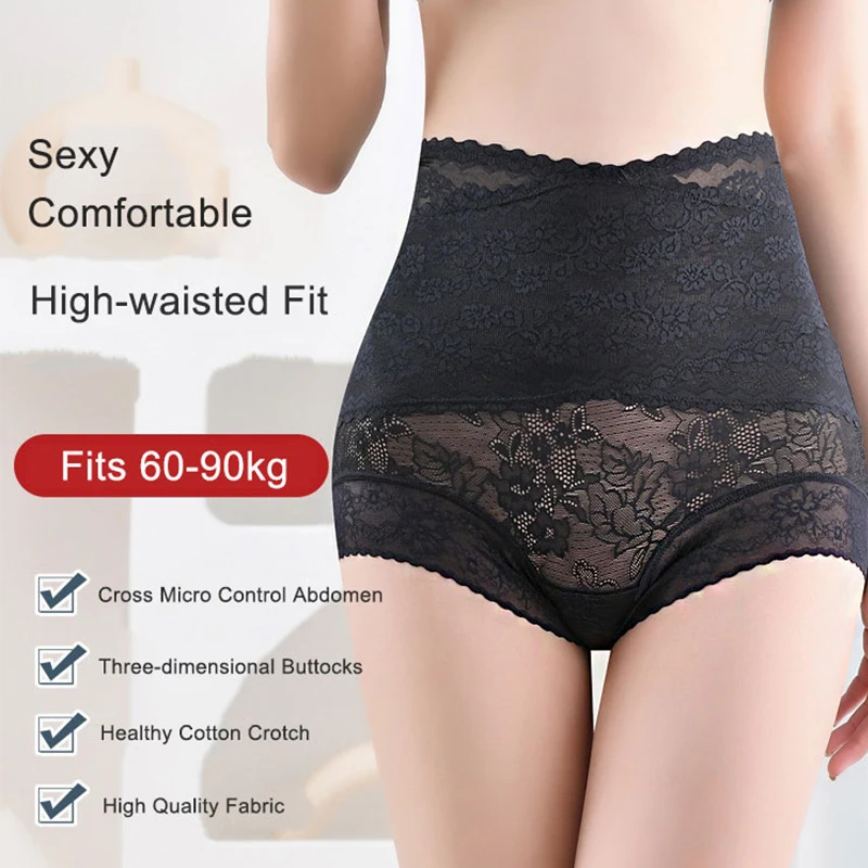 Women Lace Panties Large Sizes with High Waist Sexy Cross Micro Control Abdomen Transparent Briefs Women\'s Underwear Plus Size