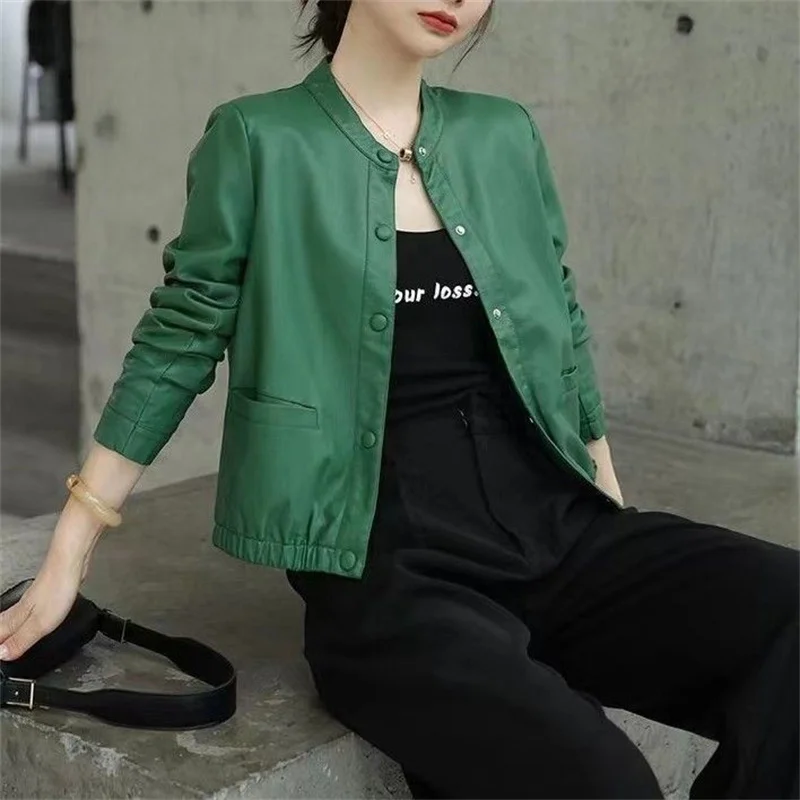 ショートバイクレザージャケットコート 2026 春秋新作 レザージャケット レディース ラウンドネック おしゃれ アウター 女性用