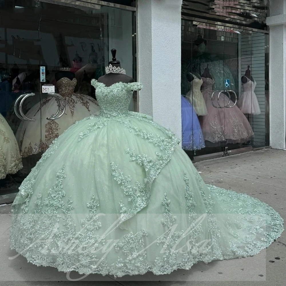 Real Picture Sage Green Mexican Quinceanera Drsses Dance Wear Off Shoulder Lace Applique Vestido De xv Anos Prom Party Dress 15