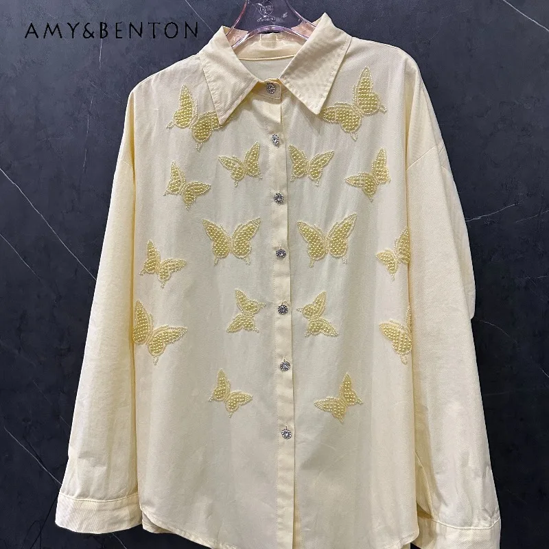 

High End Heavy Embroidered Butterfly Pale Yellow Long Sleeves Shirt Coat Spring New Women Loose Fit Elegant Casual Daily Blouse