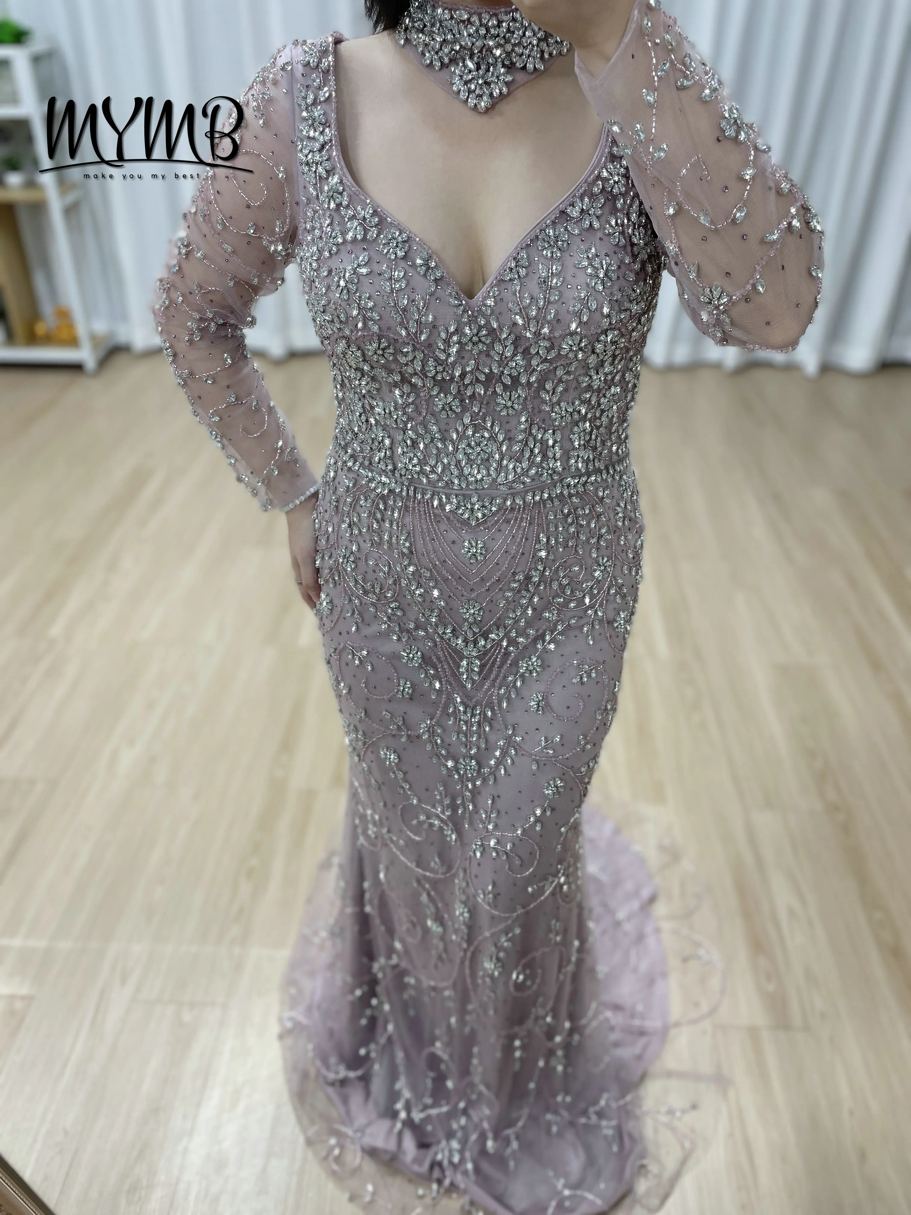 MYMB Formal Caramel Long Sleeves Mermaid Luxury Crystal Beaded Evening Dresses Elegant Party Gowns for Women Plus Size MC20106