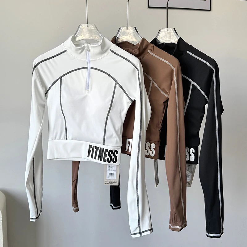 top-feminino-slim-fit-com-gola-alta-para-ioga-meio-ziper-manga-comprida-treinamento-fitness-roupa-ativa-para-esportes-e-academia