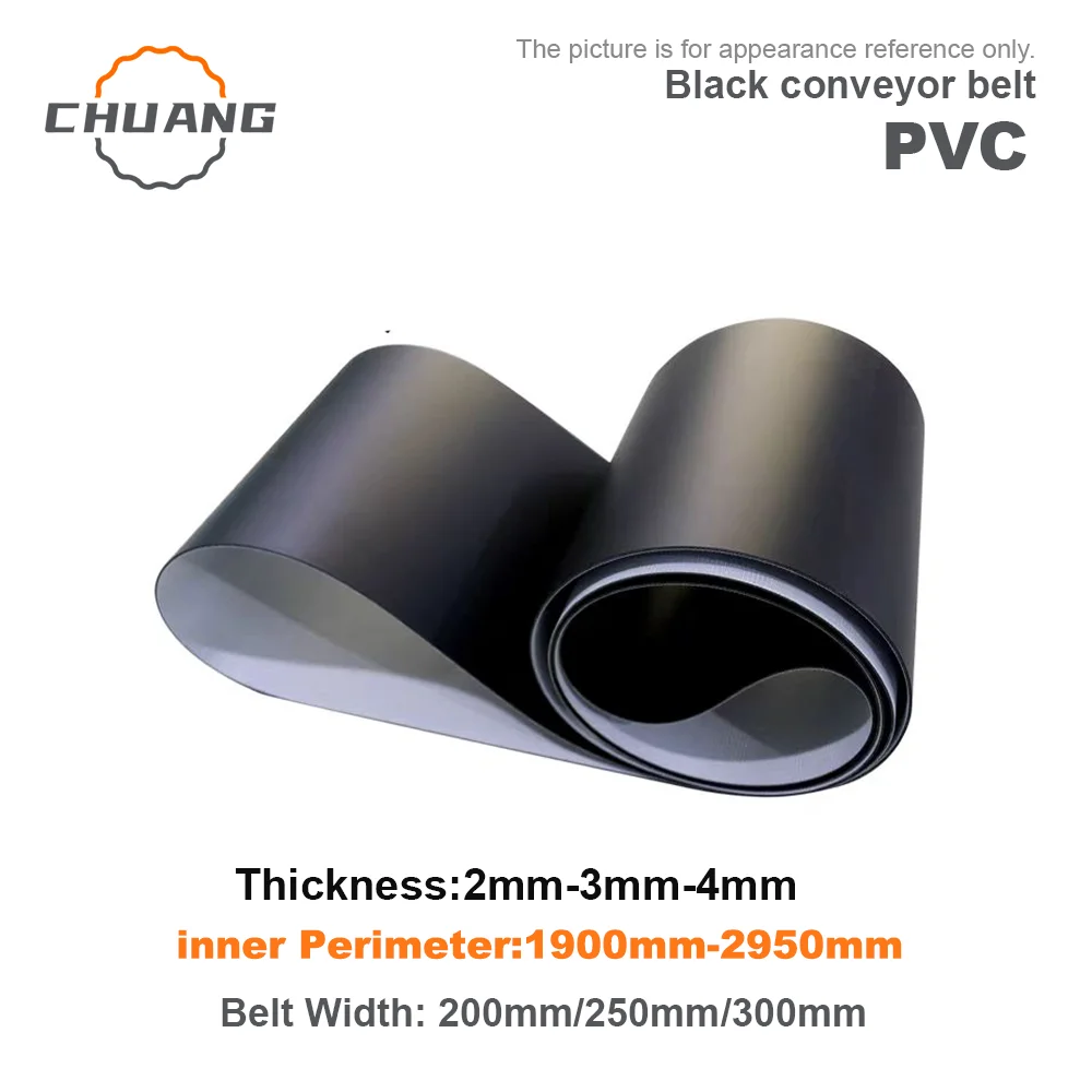 

perimeter: 1900mm-2950mm Belt width:200mm/250mm/300mm Matte Black PVC Industrial Transmission Conveyor Belt(Can Customized Size)