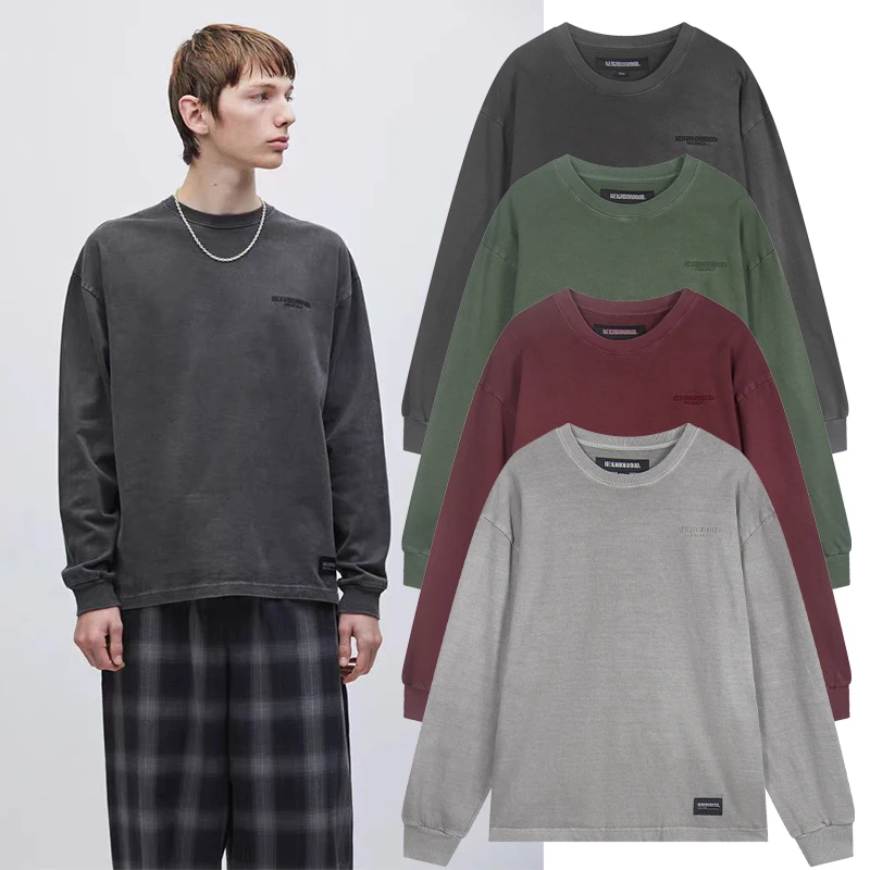 

Мужская винтажная футболка из хлопка с длинным рукавом, с вышивкой, свободного кроя, плотная, для весны и осени