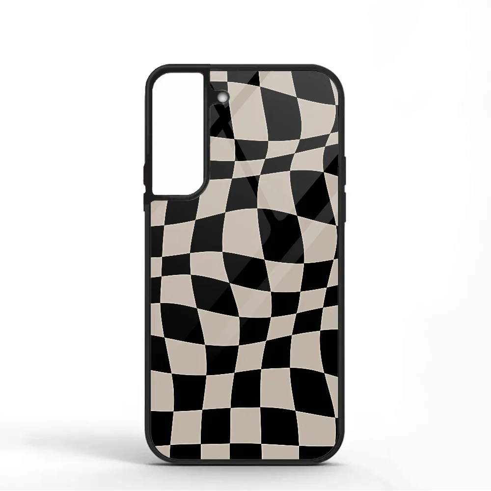 Warped Checkered Pattern Black Tan Phone Case For Samsung S10 S20 S21 S22 S24 S30 Plus ULTRA Mirror Acrylic Cover