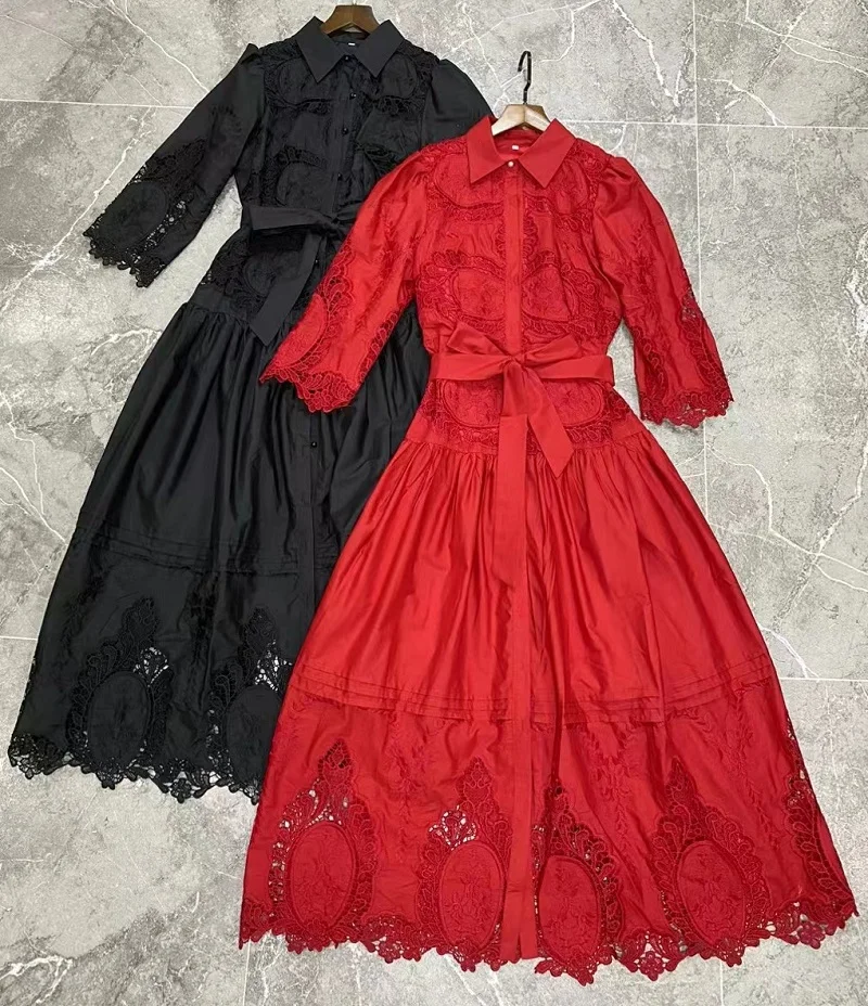 New 2023 Autumn Long Dress High Quality Clothing Women Turn-down Collar Hollow Out Embroidery Belt Long White Red Black Dress