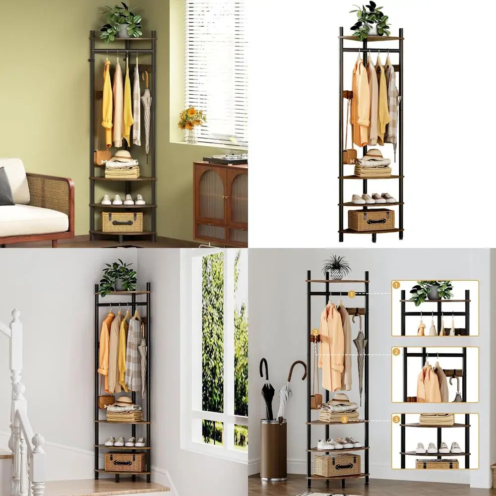 

Rustic Brown Entryway Coat Rack with Shoe Storage and 6 Adjustable Metal Hooks