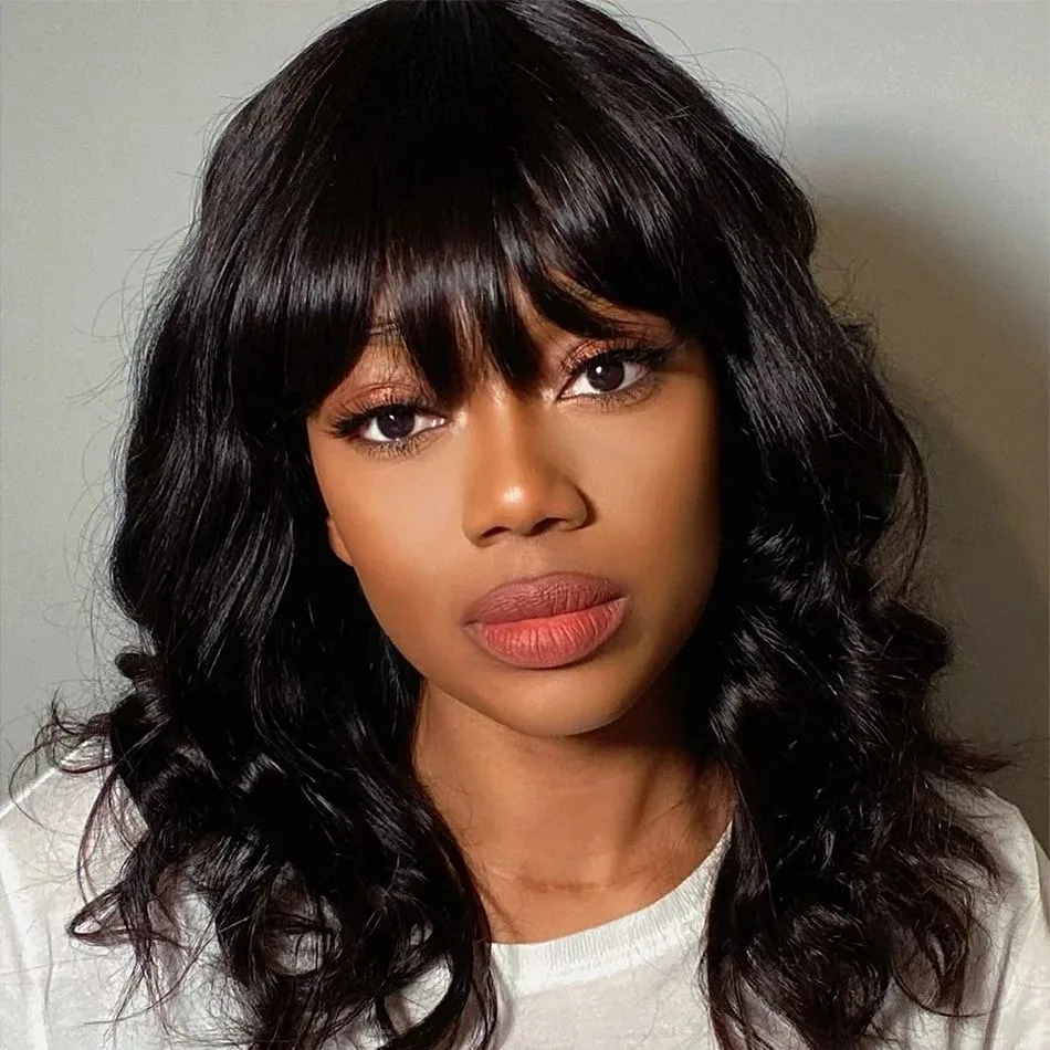 

Full Machine Made 30 Inch Body Wave Human Hair Wigs With Bangs High Density Black Brazilian Loose Body Wave Wig For Women Choice