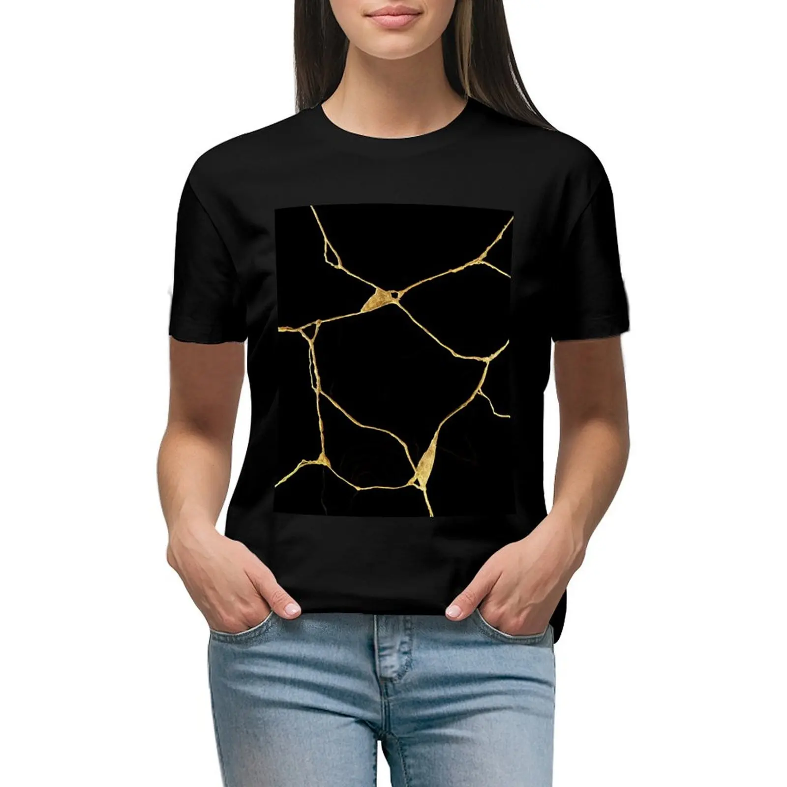 เสื้อยืดศิลปะ kintsugi สีดำและสีทองแบบญี่ปุ่นเสื้อยืดตะวันตกเสื้อผ้าหน้าร้อนสำหรับผู้หญิง