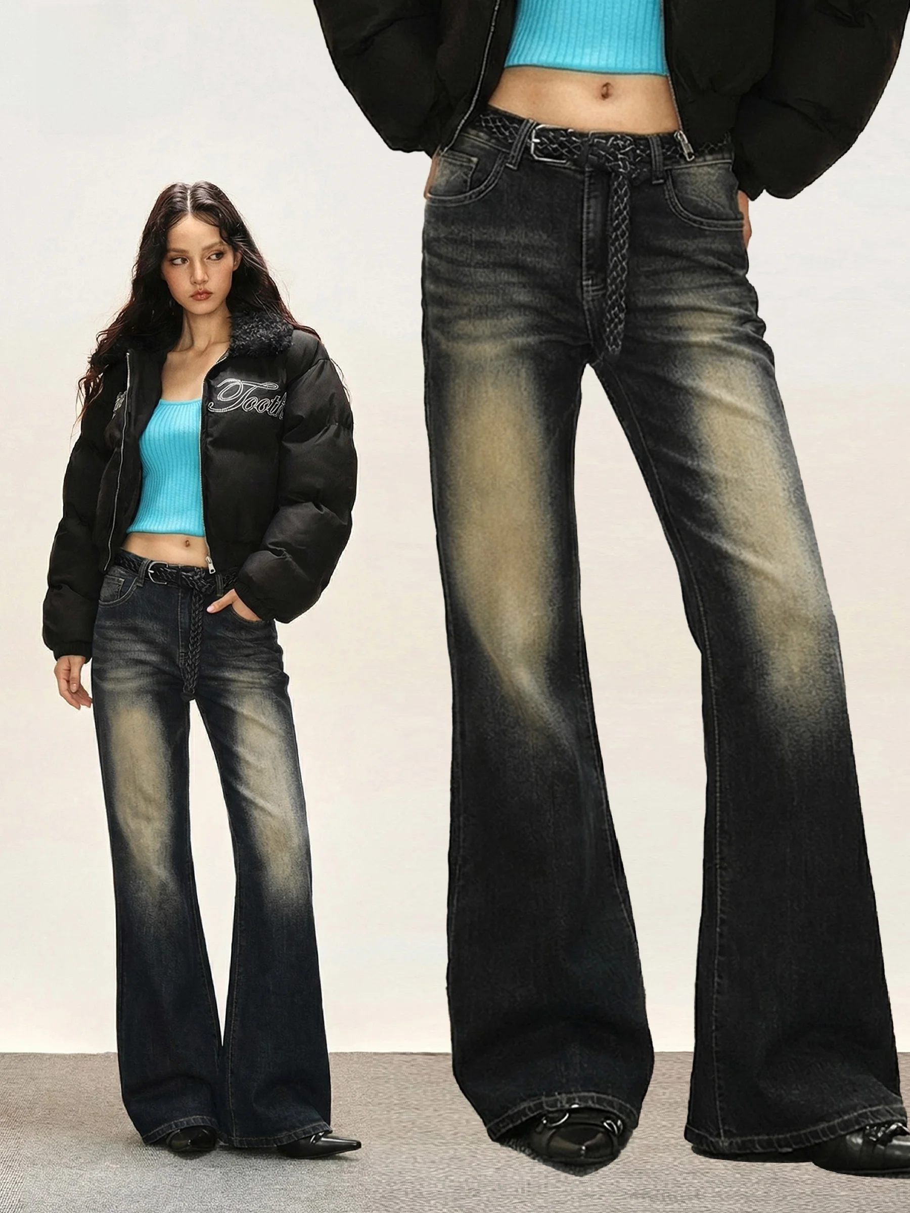 

Retro Waed Bell Bot Jeans Women's Spring Autumn American Sle mid Waist Stretchy Slimming Flared Pants