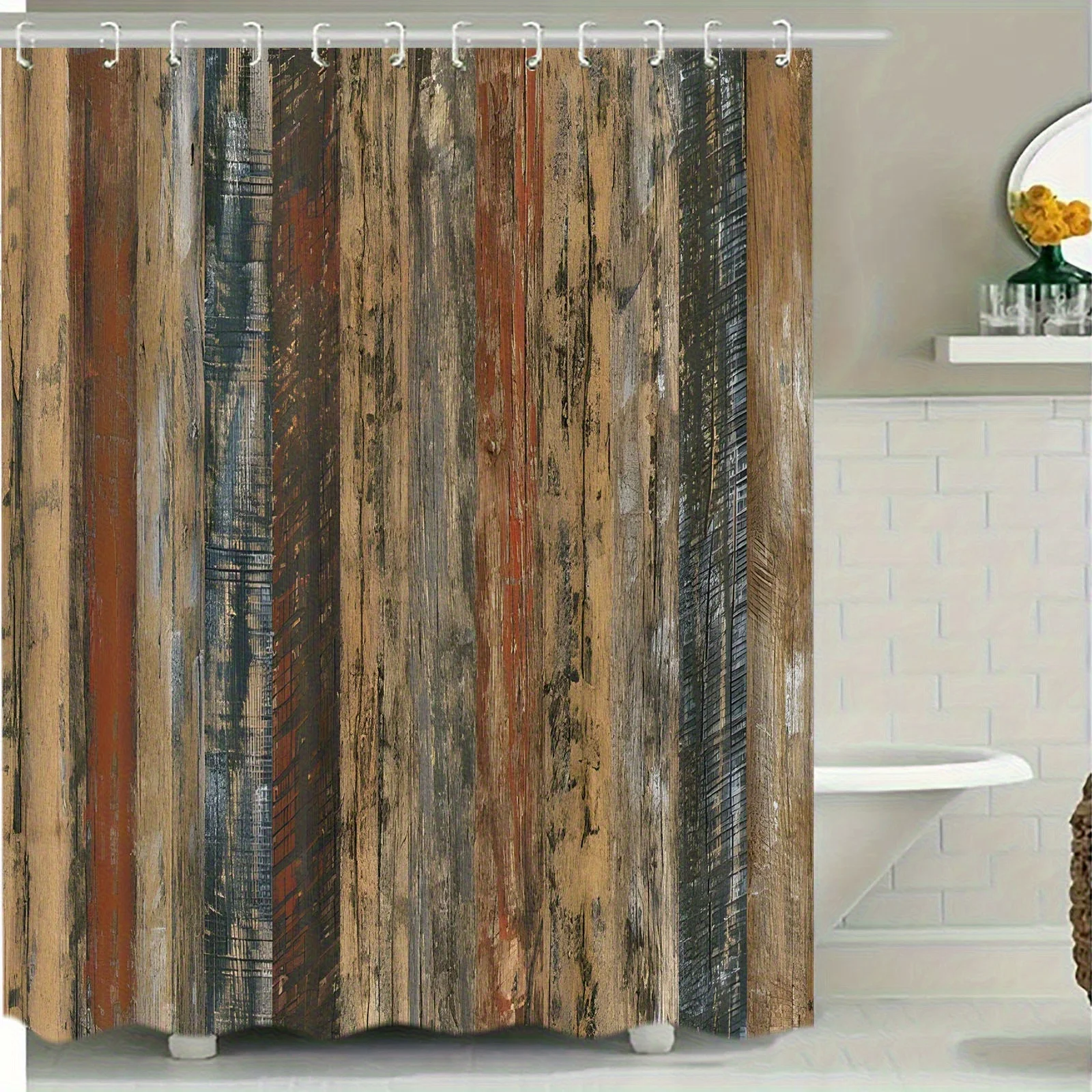 1pc Modern Rustic Wood Grain Shower Curtain - Brown Red Blue Beige Bathroom Window Curtain with, High Quality Polyester Fabric
