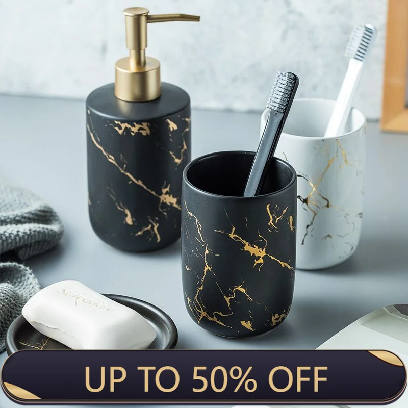 Marble Soap Dispenser Pump Bottle Ceramic Bathroom Accessory Set Home Couple Mouthwash Cup Soap Dish Washing Tools Luxury