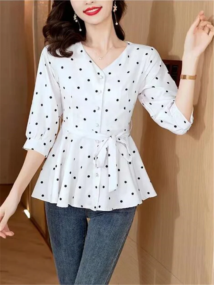 New Wave Dot Blouses Lace Up Slim Shirt For Women Summer Tops Medium Length Shirt Button Cardigan Top Grace Feminine Shirts