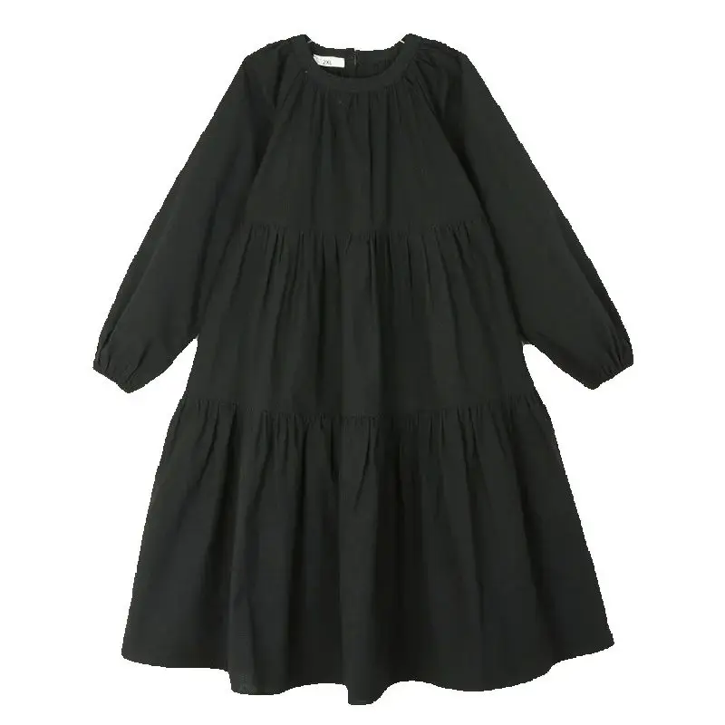 Beige Fall Dresses For Teens Girl Clothes New 2025 Big Girls Long Sleeve Black Dress Ruffle Swing Kids Shirt Dress Spring