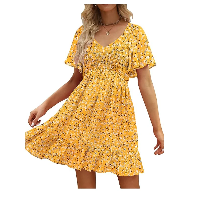 Mini abiti da donna con stampa floreale carina, scollo a V, maniche svolazzanti, casual, da spiaggia, estivi, con volant