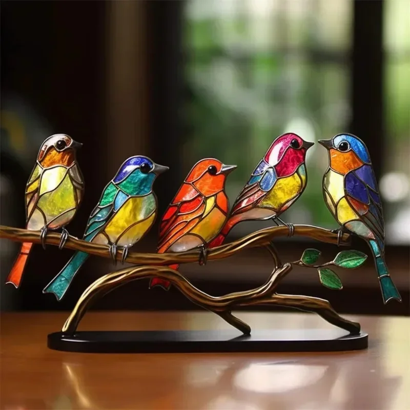 Stained Glass Birds On Branch Desktop Ornaments Double Sided Multicolor Birds Alloy Ornaments Bird Series Acrylic Decorations