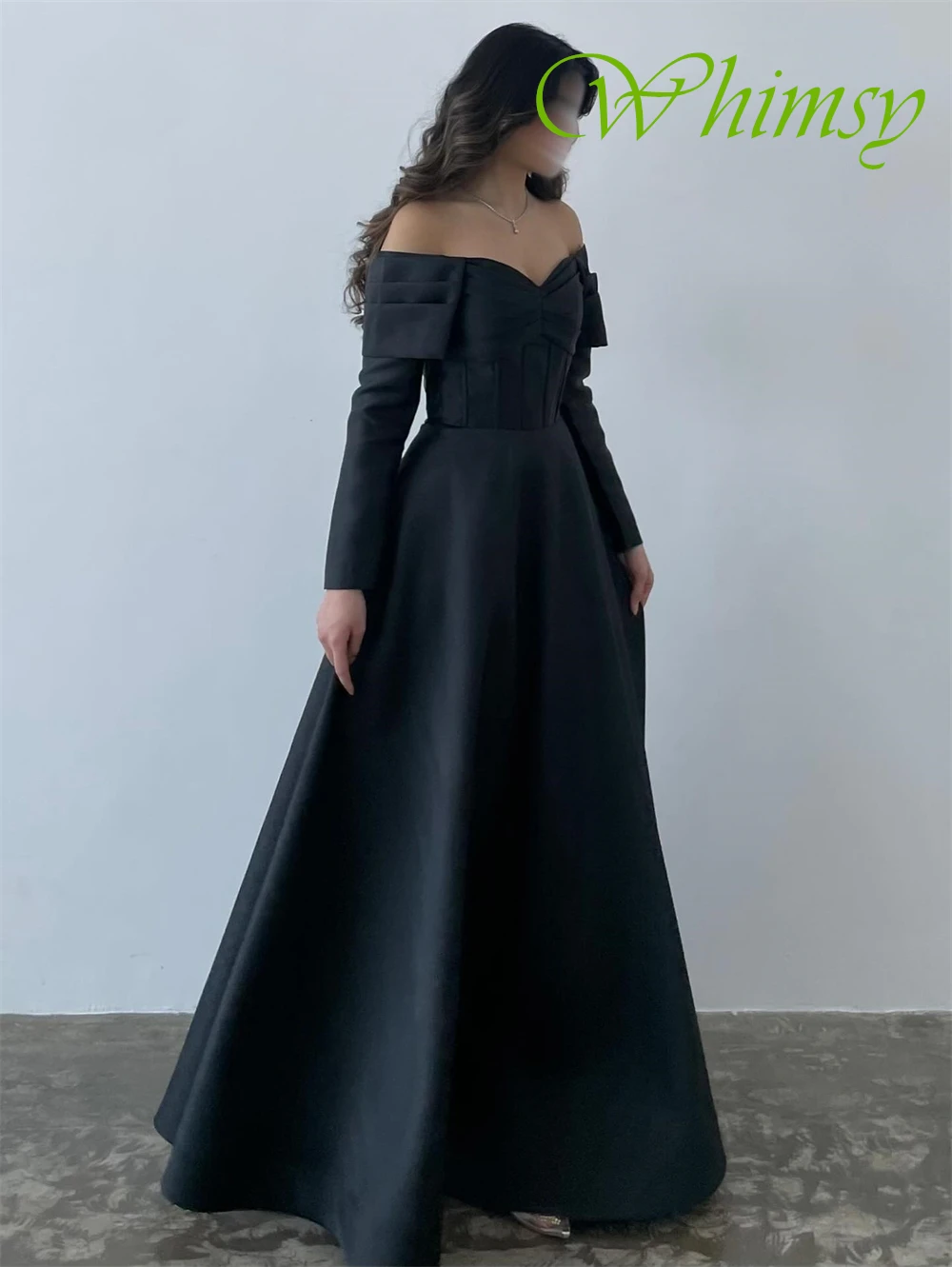 فستان سهرة كلاسيكي مخصص من الساتان بأكمام طويلة رقيقة فساتين لحضور الحفلات الموسيقية رسمية على شكل حرف V سويب تراين فساتين مناسبة خاصة