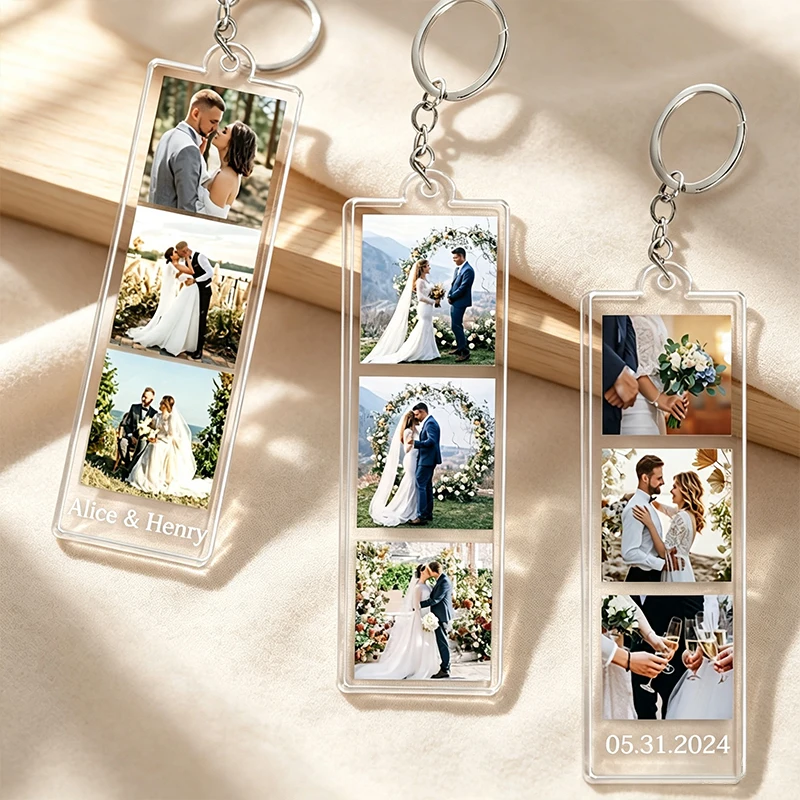 Custom Acrylic Photo Strip Decoration Keychain Personalized Customized Couple Photos & Names Wedding Souvenirs Anniversary Gifts