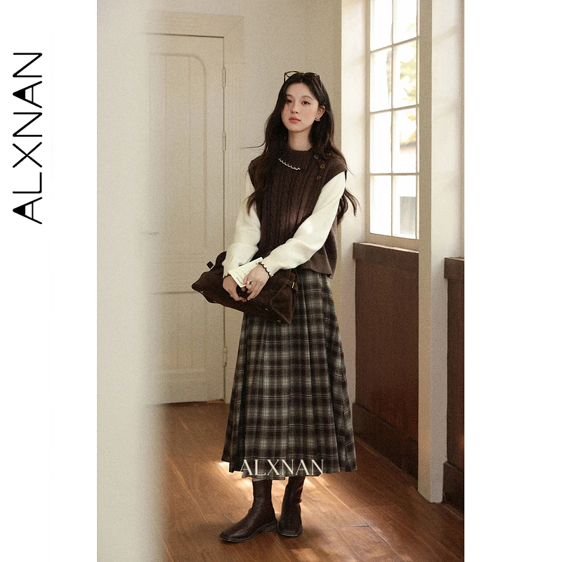 ALXNAN Women's Mid-Length Skirt 2026 Plaid Color-block Design Flared High-waisted Silhouette Slim-fit Casual A-Line Skirt L57735