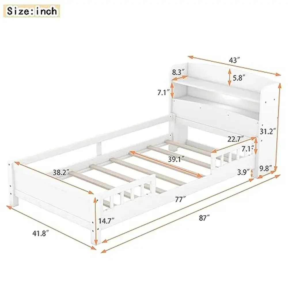 Wood Twin Platform Bed Frame LED Light Storage Headboard Rails Low Kids Teens Montessori White Modern 87