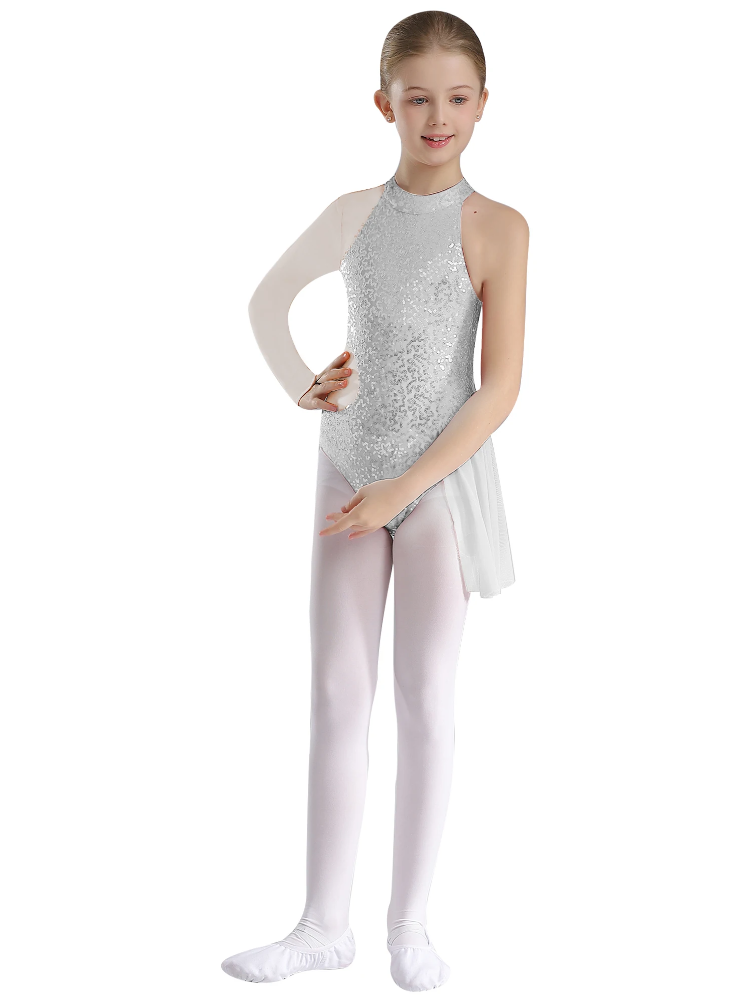 Kids Girls Sequin Ballet Tutu Leotard One Shoulder Mesh Long Sleeve Gymnastics Bodysuit Jazz Latin Dance Figure Skating Jumpsuit