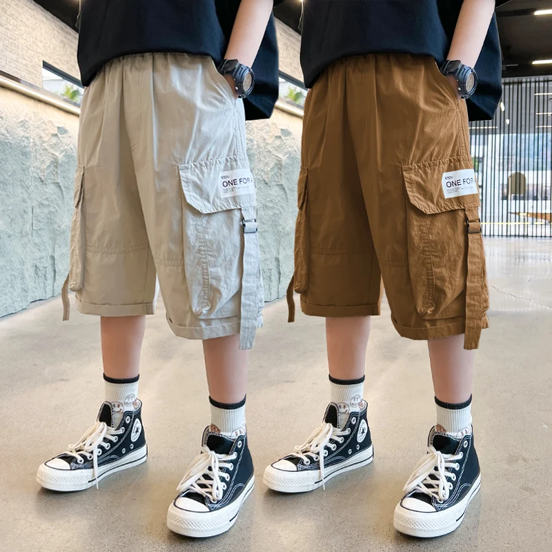 Elegant Children Summer Cargo Shorts with Pocket for Tweens Boy Grey Brown Color Casual Loose Cotton Short Pants 5 7 9 11 13 14T