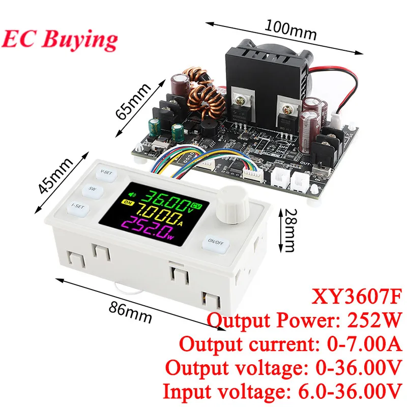 XY3607F CNC DC DC Buck Boost Converter CC CV 6.0-36V 7A 252W Power Module Solar Charging Module Adjustable Voltage Laborator