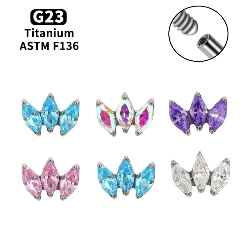 G23 Titan Labret Piercing mit Marquise Zirkonia, Innengewinde, Lippenstecker, Tragus-, Knorpel- und Nasenschmuck