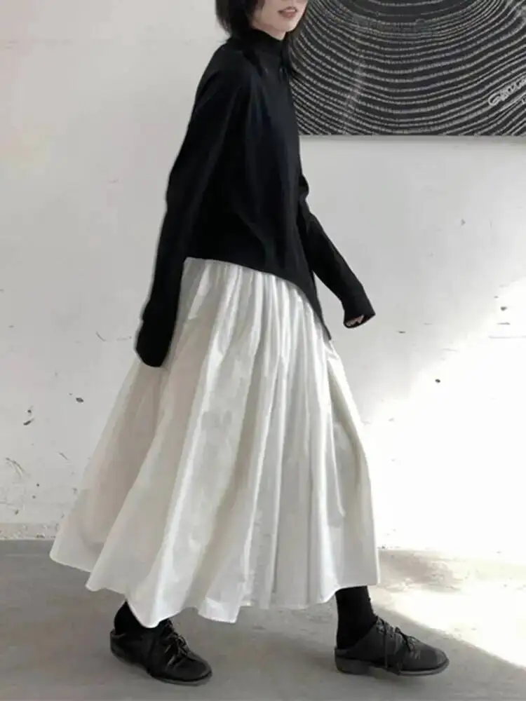 High Elastic Waist Black White Mesh Spliced A-line Bud Half-body Skirt Women Fashion Tide New Spring Autumn
