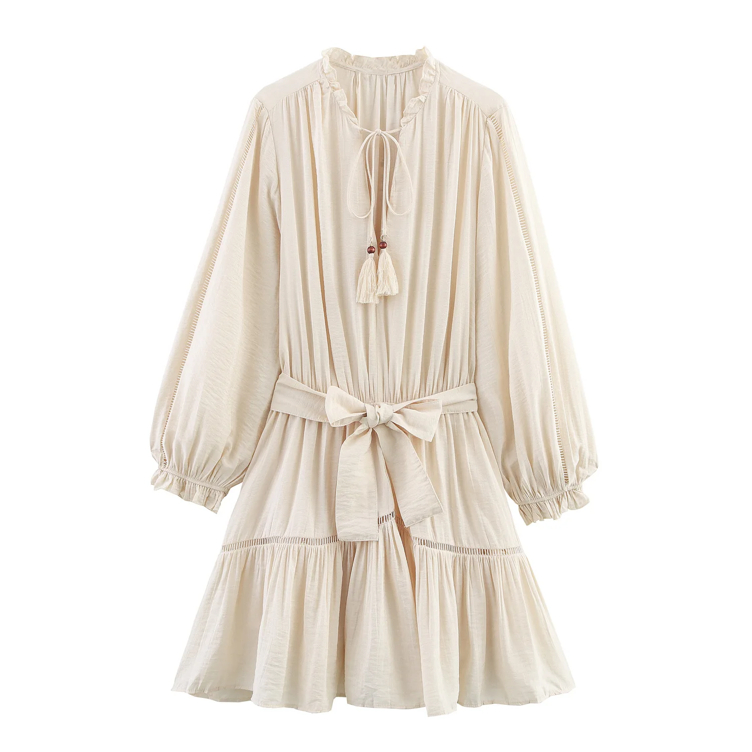 

2025 Bohemian Spring And Summer Long Sleeve Women's Dress Loose Casual Wrinkle Effect Mini Dress V Neck Tie Belt Beach Dress