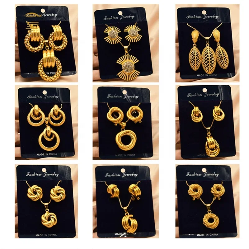 24K Gold Plated Dubai Jewelry Set Bridal Pendant Necklace Earrings 2Pcs Jewelry Sets Fashion Wedding Accessories for Women