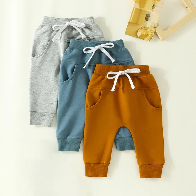 Pantalones para bebés pequeños, paquete de 3 pantalones de chándal de color sólido para otoño y primavera, pantalones para correr para bebés, color caqui, marrón y gris