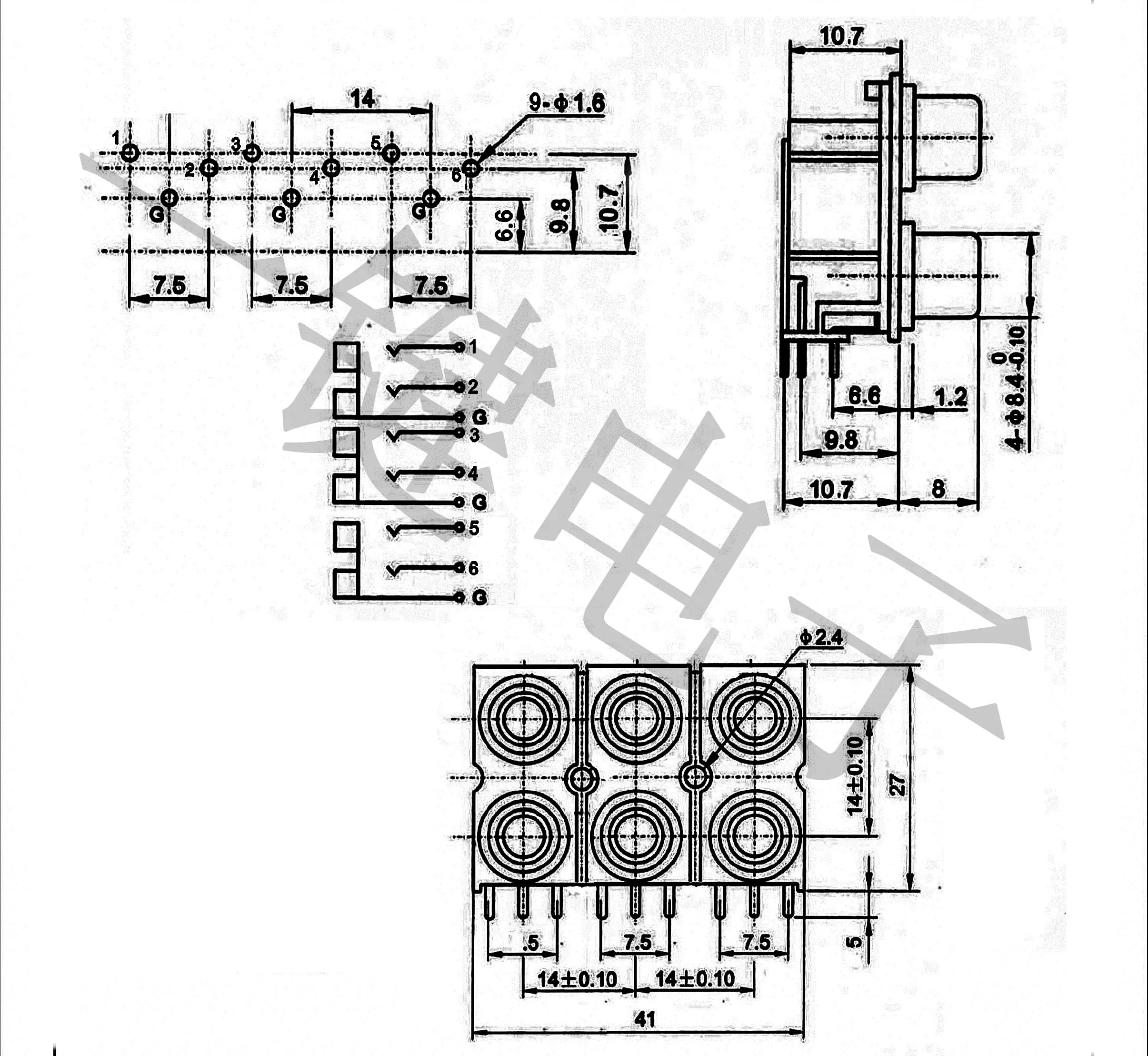 AV Core RCA Seat Six-Hole PCB Welding Audio and Video Socket Lotus Holder AV6-8.4-10 Upper White Lower Red