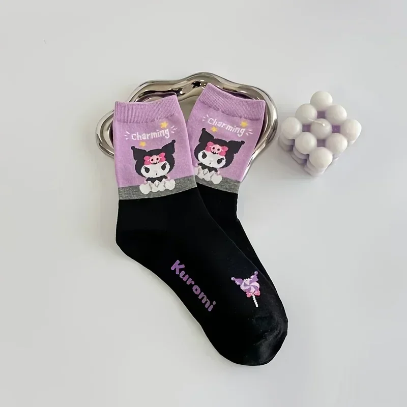 Chaussettes mi-mollet de dessin animé mignon Sanurgente Kuromi pour femmes, mélange de coton respirant et confortable, chaussettes Harajuku pour filles, 5 paires