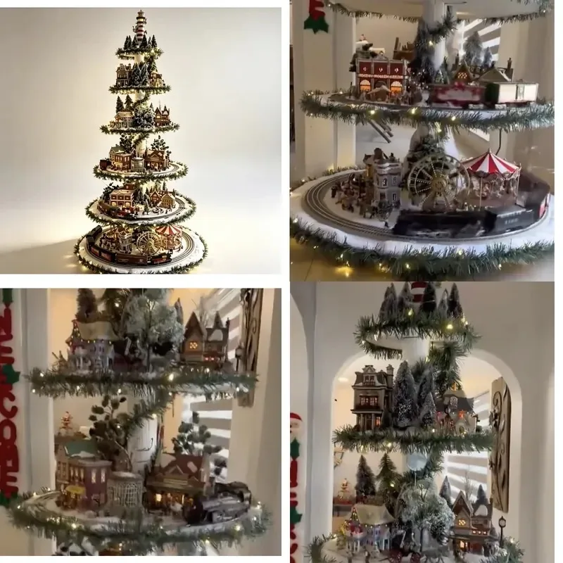 Wholesale multi-layer simulated Christmas tree, mini country town train model with lights, Ferris wheel, Christmas table