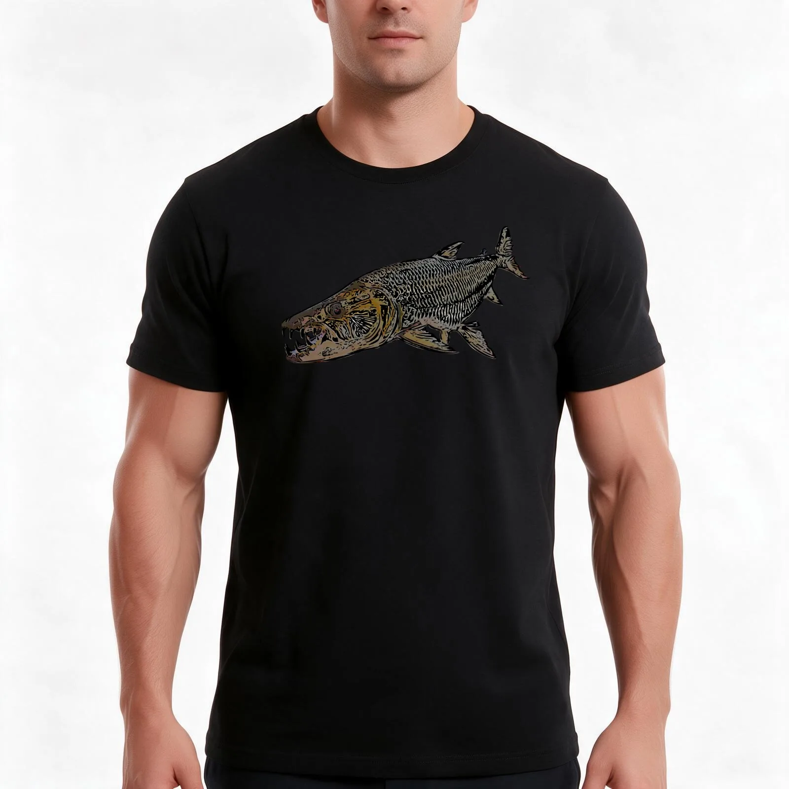 Goliath Tigerfish Color Print T-Shirt, Summer Casual Cotton Tee, Oversized Streetwear Tops, Vintage Graphic Print, 100% Cotton