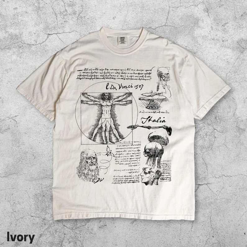 Camiseta Vintage de hombre de Vitruvio de Da Vinci, boceto anatómico, arte Vintage, pintura italiana renacentista, camiseta con gráficos de ciencia basura