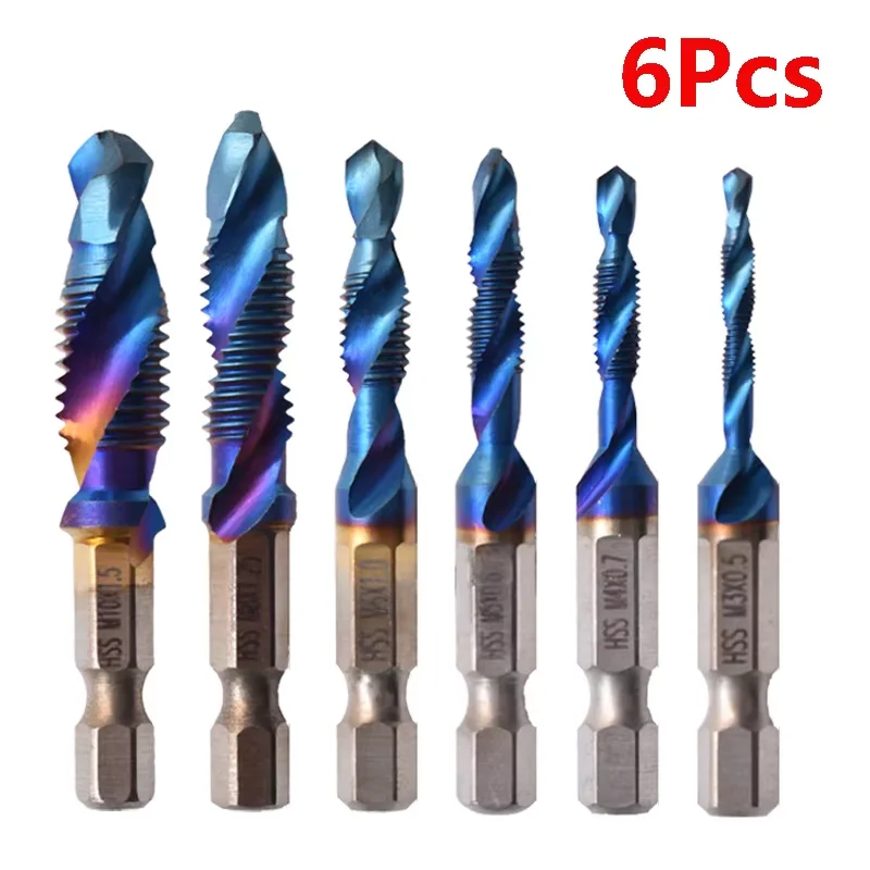 

6pcs M3-M10 Screw Tap Drill Bits Hss Taps Countersink Deburr Set Metric Combination Bit High Speed Steel 1/4 IN Quick Change Hex