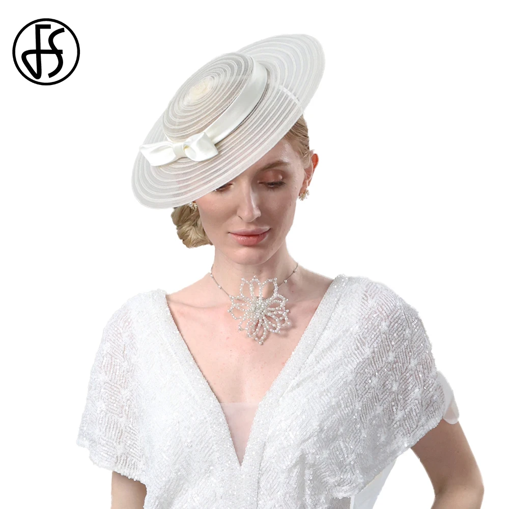 

FS 2024 Beige Church Hat Wide Brim British Top Hats Fascinators For Women Elegant Wedding Bride Fedoras Kentucky Pillbox Cap