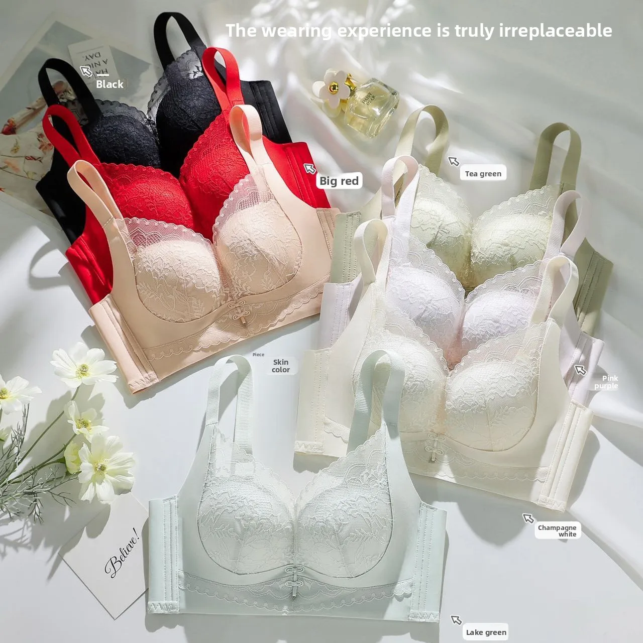 Adjustable Lace Bra Wireless Gathered Comfortable Breathable Women's Underwear 3/4 Cup Fixed Strap Back Four Row Buckle KUCLUT