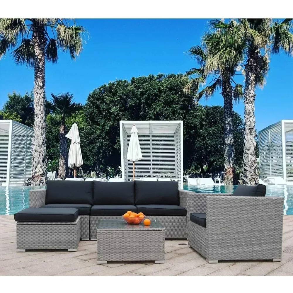 Furniture Set PE Gray Rattan Wicker Sectional Outdoor Sofa Set Outside Couch w/Black Washable Seat Cushions Glass Coffee Table