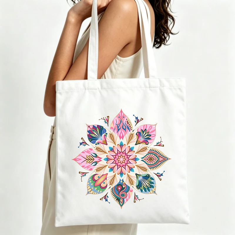 Women's mandala flower print canvas tote bag, artistic bohemian style for daily shopping and casual outings