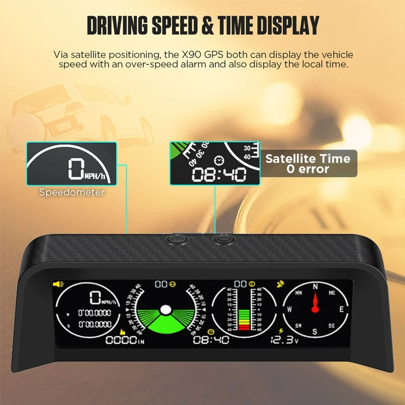 Vehicles HUD Car Speed Slope Meter Inclinometer Electronic Compass Over Speed Alarm with LCD Head-Up Display