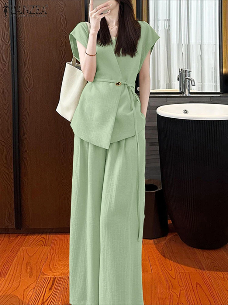 

Fashion Summer Two Pieces Sets ZANZEA Women Solid Tracksuit Trousers Suit 2PCS Office Outfits V Neck Sleeveless Blouse Pant Sets