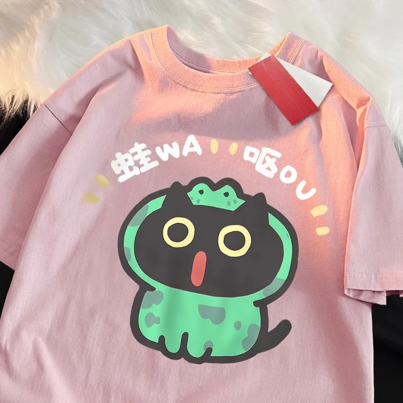 لعب الأدوار الضفدع القط تي شيرت المرأة Crewneck بلايز عادية عرق تي شيرت نمط فضفاض قصيرة الأكمام تيز الجرافيك تي شيرت Y2K #3