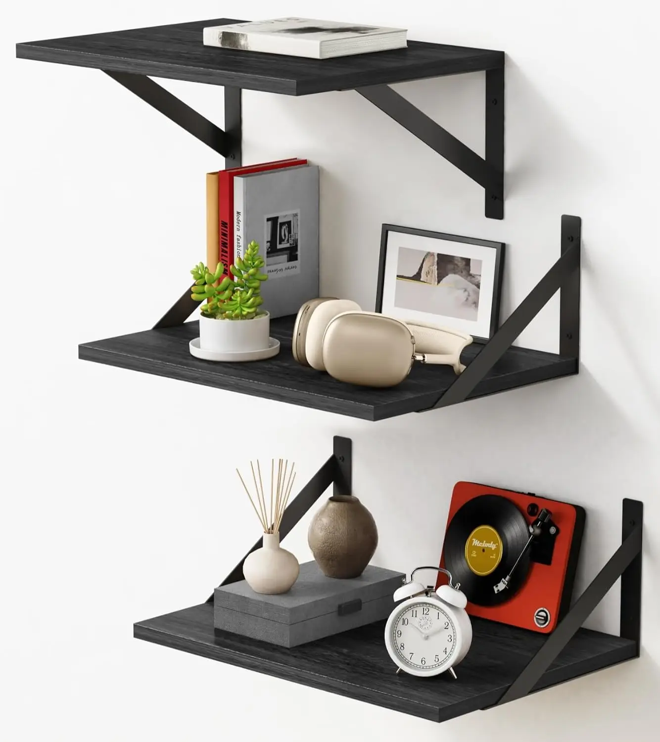 

12' Deep Floating Wall Shelves, Black, 3-Pack for Bedroom Office, Books Plants Storage