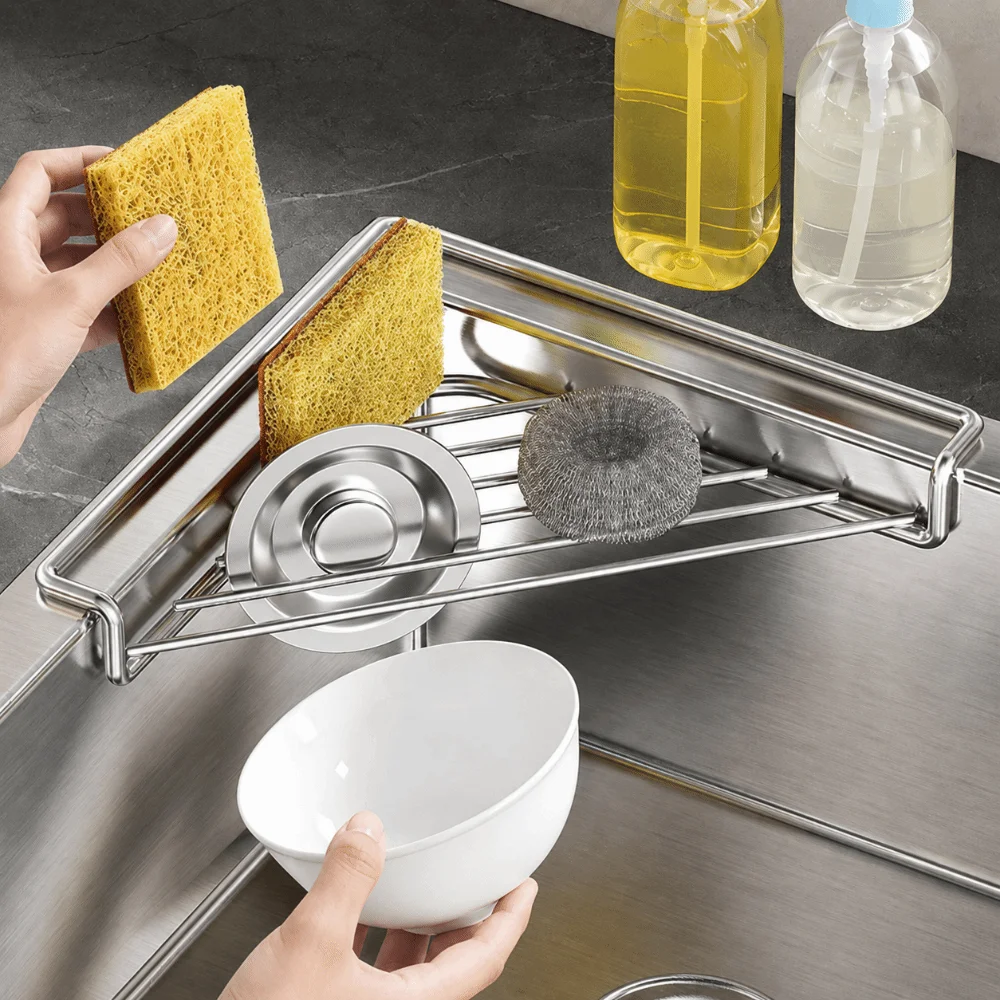 Stainless Steel Sink Dish Drying Rack Non-Slip Large Capacity Sink Drainer Triangular Sink Sponge Rag Holder for Kitchen Utensil