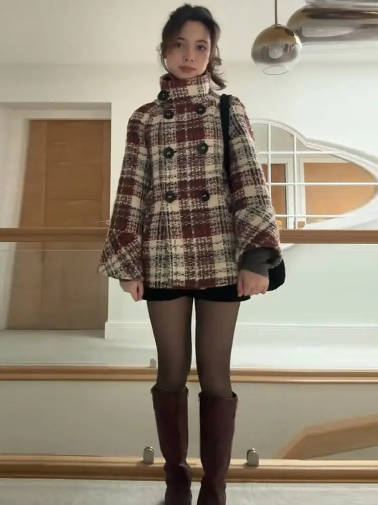 

Fashion Plaid Jackets Women Double Breasted Stand Collar Long Sleeve Coat 2025 Autumn New Lady Vintage Classic Outerwear